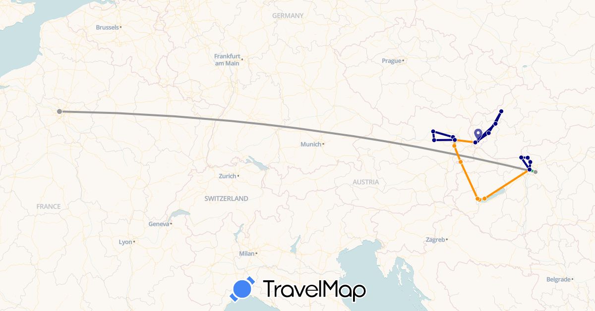 TravelMap itinerary: driving, bus, plane, hitchhiking in Austria, France, Hungary, Slovakia (Europe)
